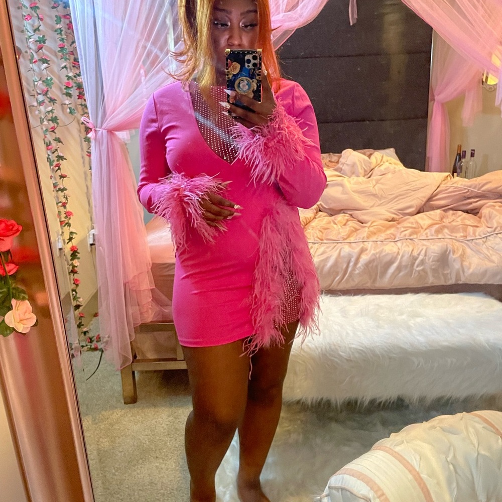 Pink feather mini dress
